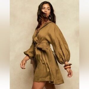 BANANA REPUBLIC Linen Balloon Sleeve Mini Dress Dry Mustard